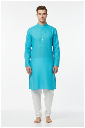 Blue Arvind Tresca cotton shirting fabric with a smooth, woven texture and subtle pattern, ideal for dress shirts.