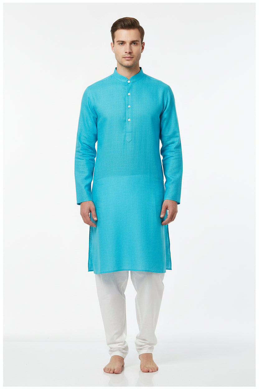 Blue Arvind Tresca cotton shirting fabric with a smooth, woven texture and subtle pattern, ideal for dress shirts.