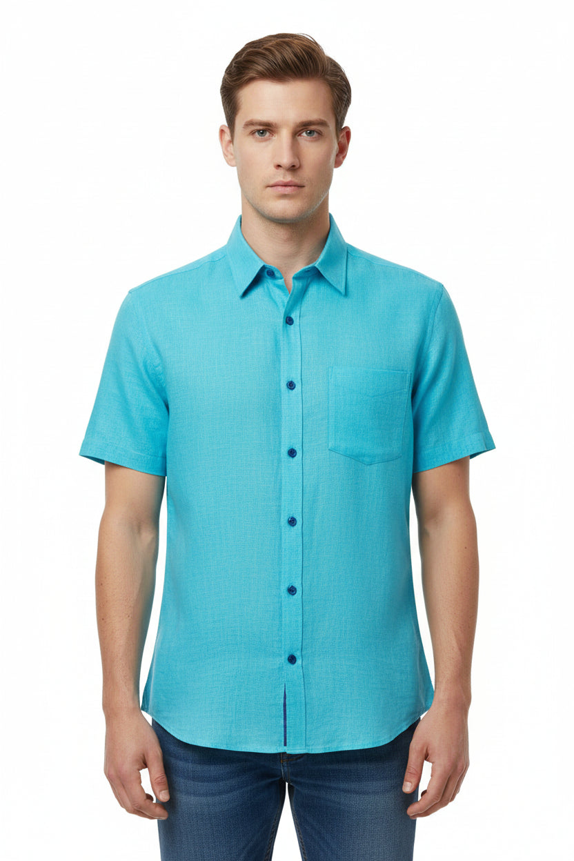 Blue Arvind Tresca cotton shirting fabric with a smooth, woven texture, ideal for stylish shirts and apparel.