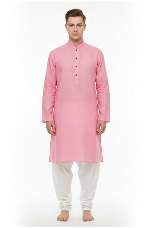 Arvind Tresca cotton unstitched shirting fabric in flamingo pink with a smooth texture and vibrant color.