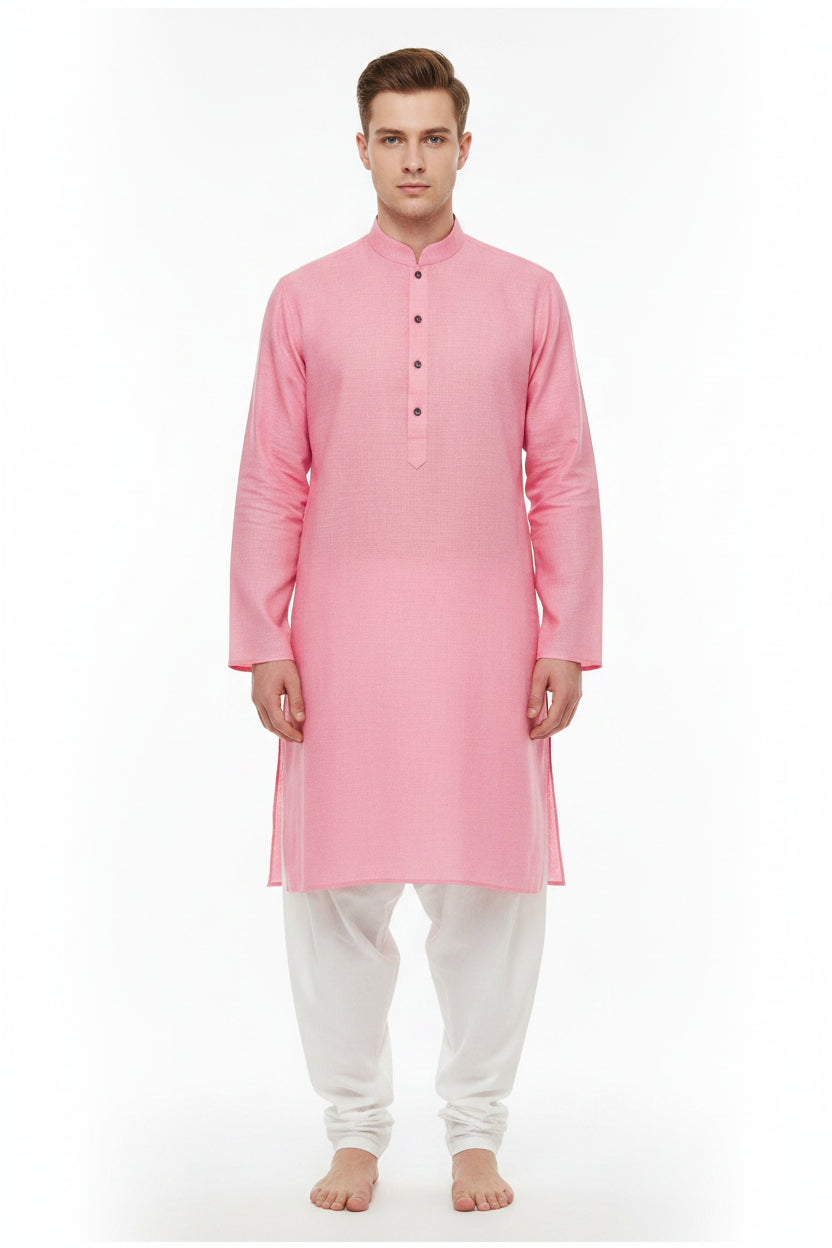 Arvind Tresca cotton unstitched shirting fabric in flamingo pink with a smooth texture and vibrant color.