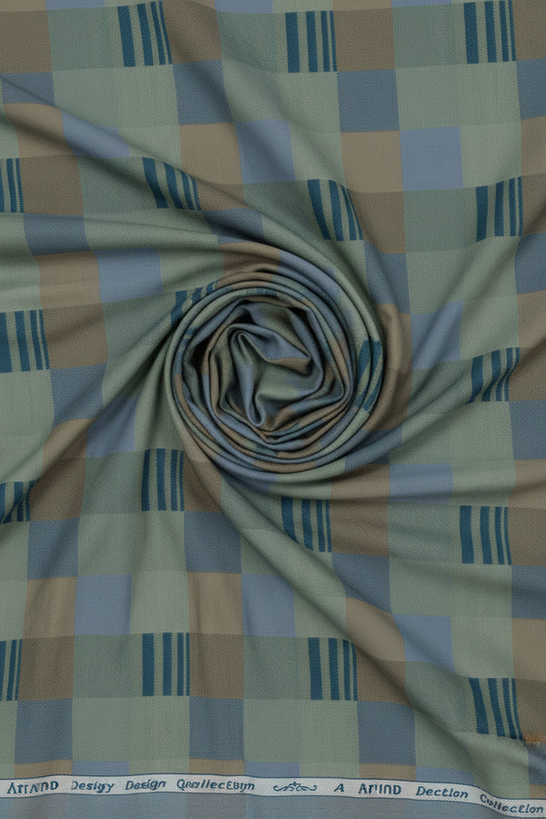Olive green Arvind Tresca shirt fabric made from Giza cotton, showing the textured textile with detailed weave pattern.