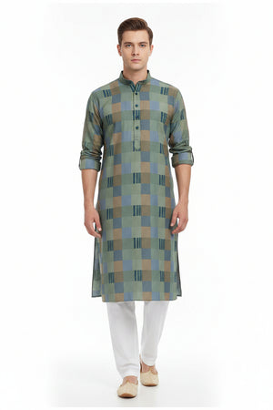 Olive green Tresca cotton shirting fabric by Arvind, showcasing smooth unstitched textile with detailed weave pattern.