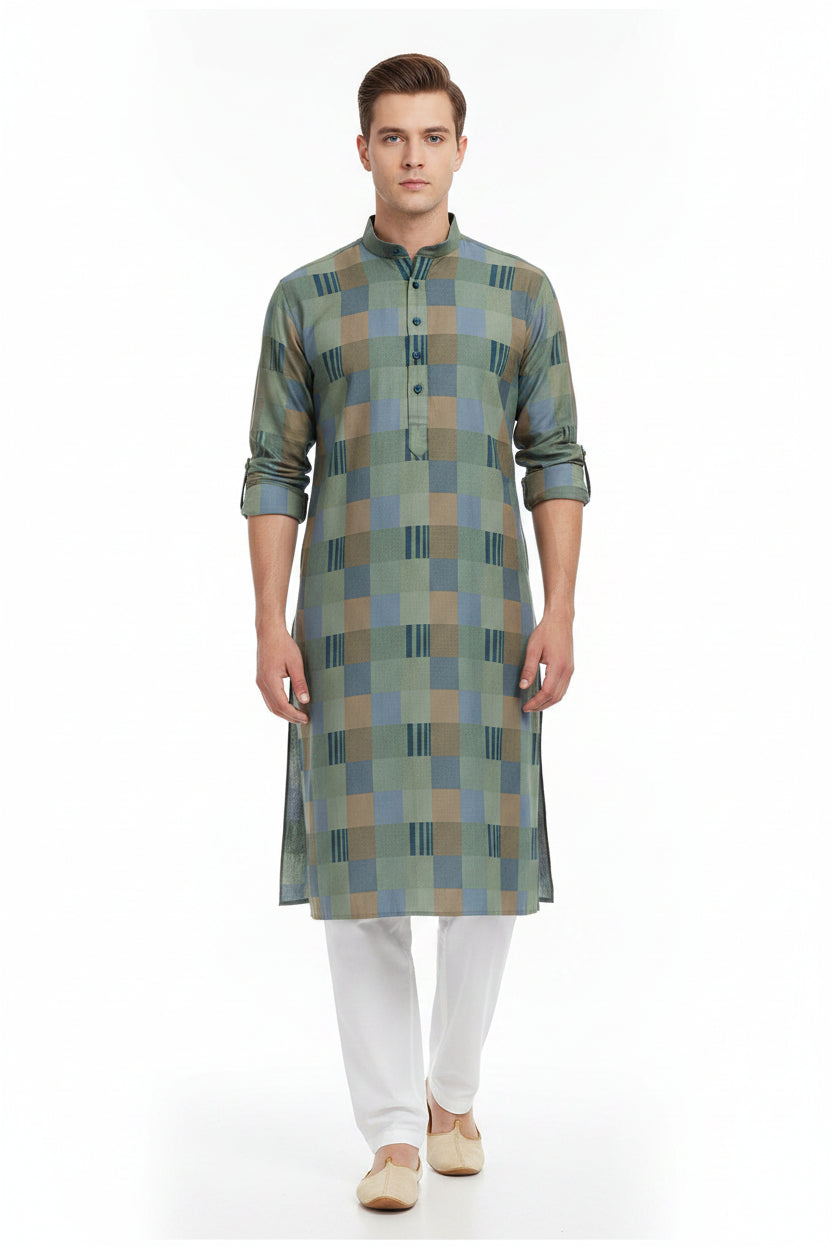 Olive green Tresca cotton shirting fabric by Arvind, showcasing smooth unstitched textile with detailed weave pattern.