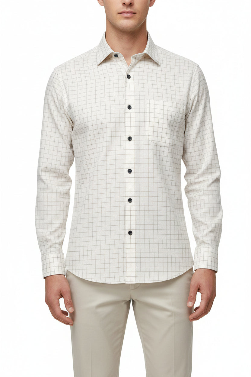 Brown Arvind Primante cotton checks shirting fabric with a classic checkered pattern, suitable for stylish shirts.