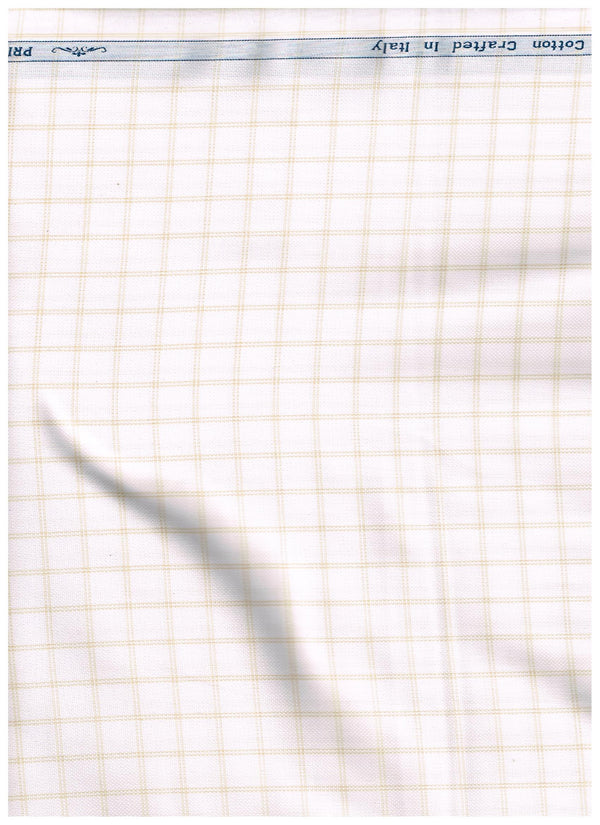 Experience The Luxury of Unstitched Primante Cotton Shirting Fabric By Arvind ( Beige Checks on White )