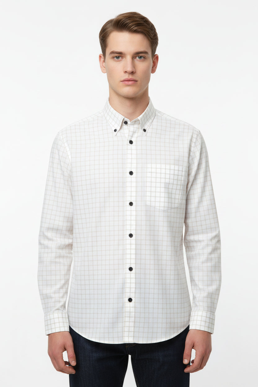 Primante cotton shirting fabric by Arvind in beige checks on white, showcasing soft, high-quality unstitched fabric for tailored shirts.