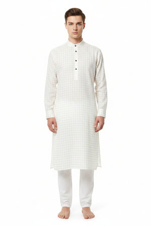 Beige checkered Primante cotton shirting fabric by Arvind, featuring a white base with subtle check pattern, suitable for custom shirts.