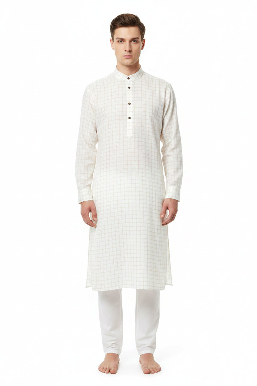 Beige checkered Primante cotton shirting fabric by Arvind, featuring a white base with subtle check pattern, suitable for custom shirts.