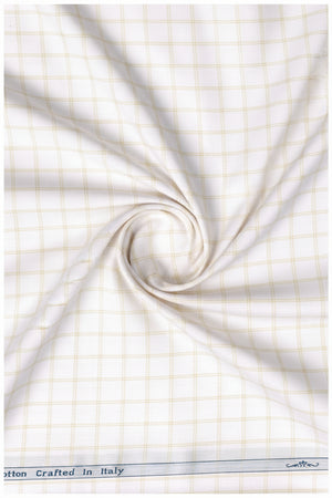 Beige checks on white Primante cotton shirting fabric by Arvind, showcasing a luxurious unstitched textile with a classic pattern.