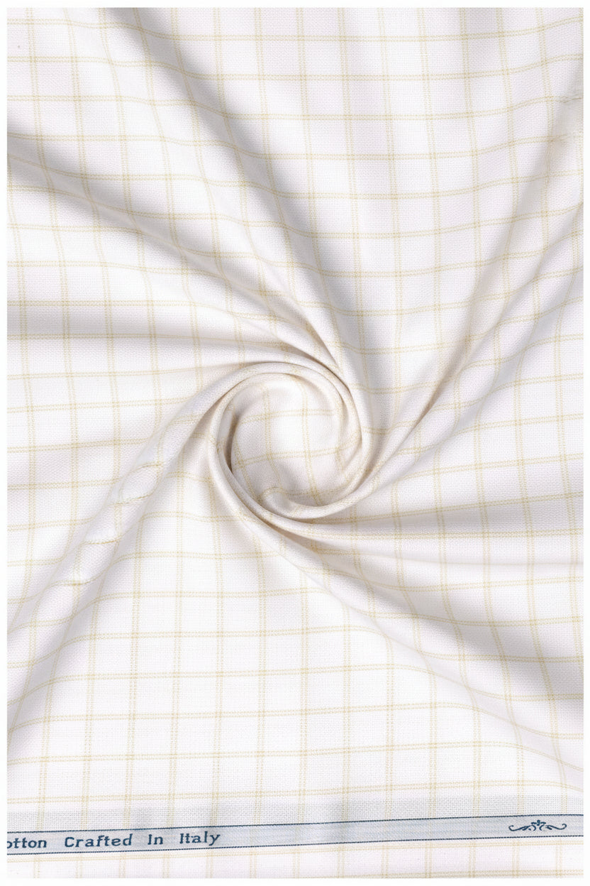 Beige checks on white Primante cotton shirting fabric by Arvind, showcasing a luxurious unstitched textile with a classic pattern.