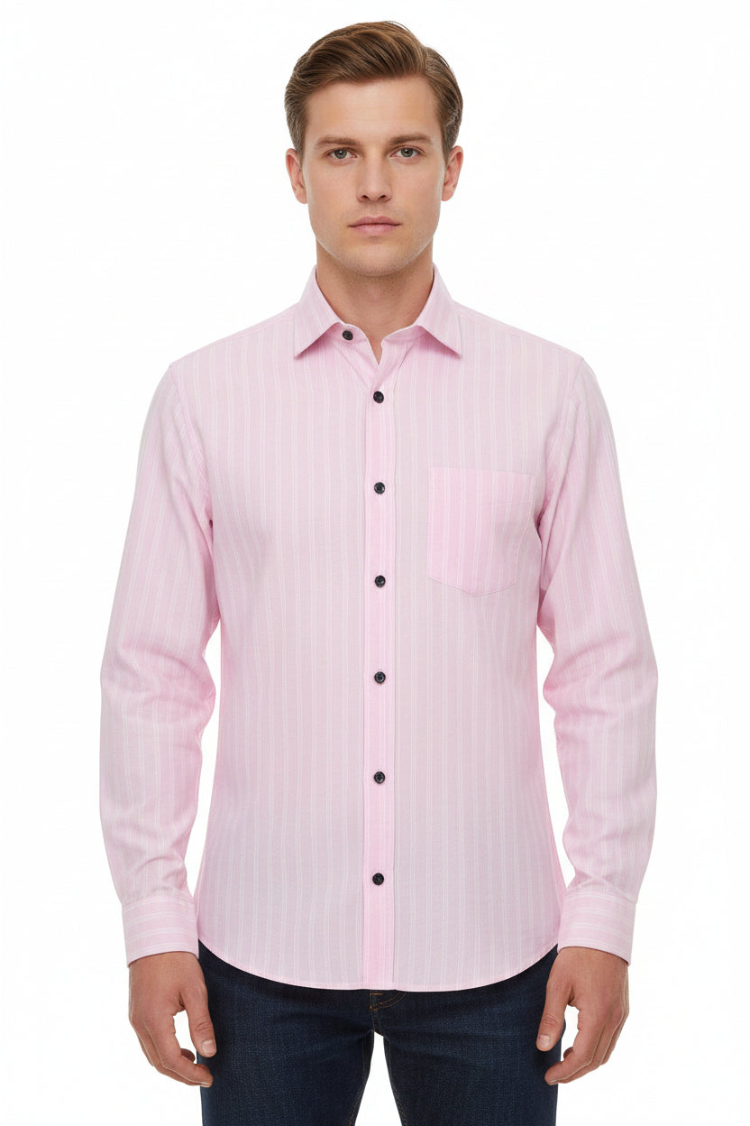 Pink Arvind cotton shirting fabric with a smooth weave, ideal for shirts and tailoring, shown in a close-up view.