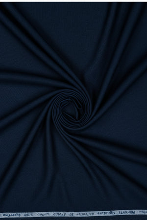 Navy blue Giza cotton shirting fabric by Arvind Primante Giza, unstitched textile with detailed weave pattern.