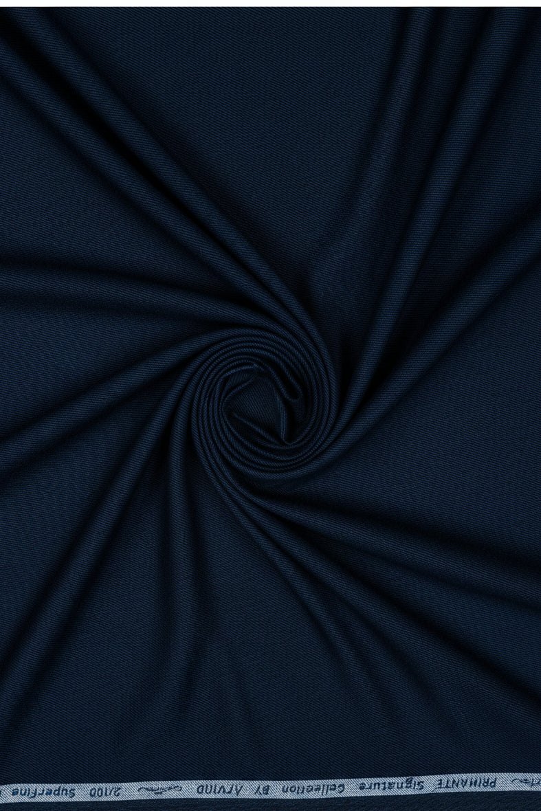 Navy blue Giza cotton shirting fabric by Arvind Primante Giza, unstitched textile with detailed weave pattern.