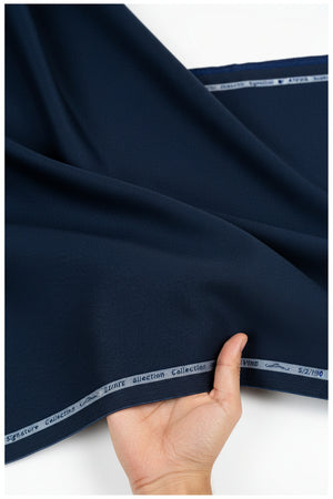 Navy blue Giza cotton shirting fabric by Arvind Primante Giza, unstitched textile with detailed fabric texture and weave pattern.