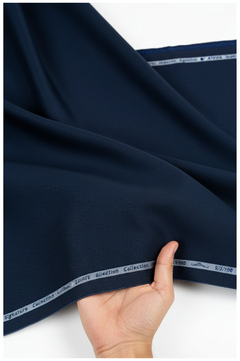Navy blue Giza cotton shirting fabric by Arvind Primante Giza, unstitched textile with detailed fabric texture and weave pattern.