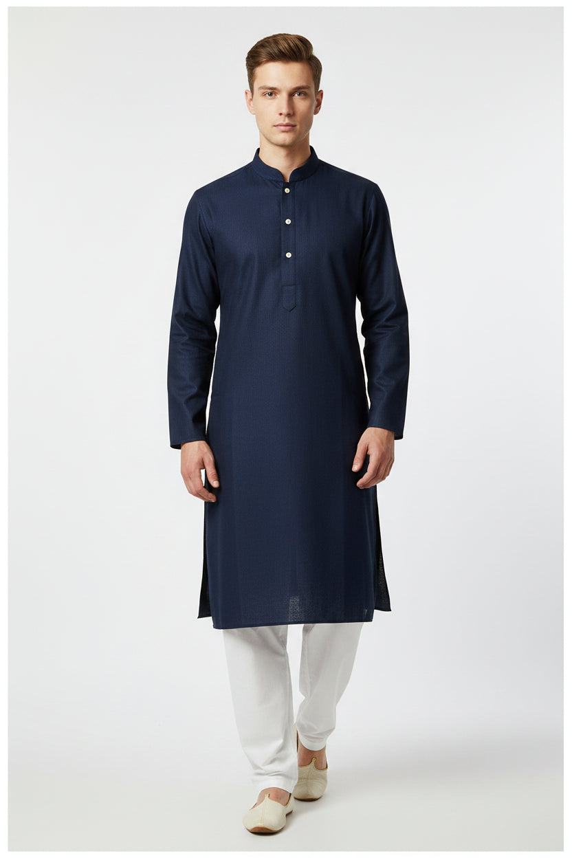 Navy blue Arvind Primante Giza cotton unstitched shirting fabric, close-up of textured woven material for custom shirt making.
