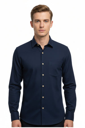Navy blue Arvind Primante Giza cotton unstitched shirting fabric, close-up of textured cotton material for tailoring or sewing projects.