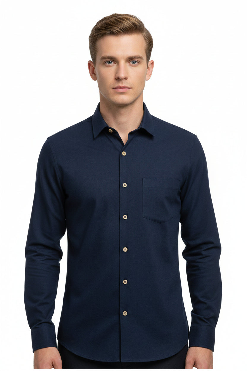 Navy blue Arvind Primante Giza cotton unstitched shirting fabric, close-up of textured cotton material for tailoring or sewing projects.