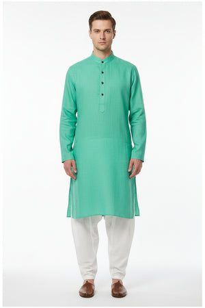 Arvind Tresca cotton shirting fabric in aquamarine green with a smooth, lightweight textile suitable for shirts and apparel.