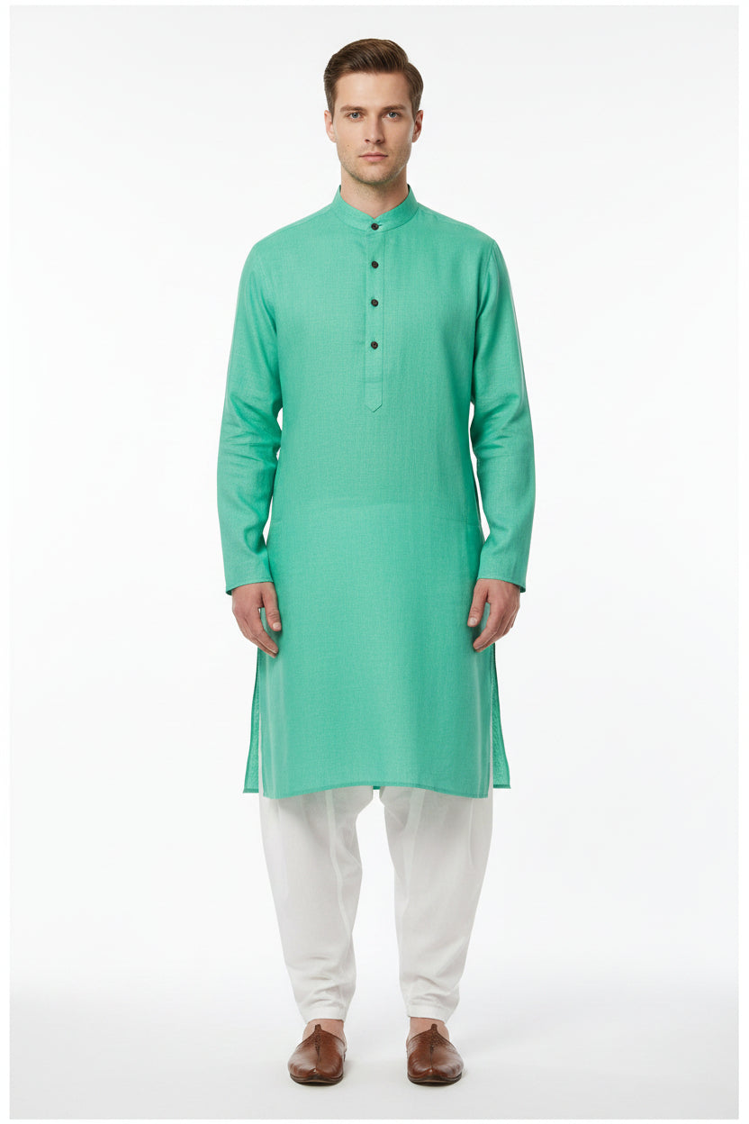 Arvind Tresca cotton shirting fabric in aquamarine green with a smooth, lightweight textile suitable for shirts and apparel.