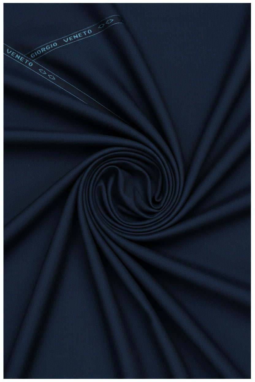 Georgia Veneto 150's Italian poly wool suit fabric in midnight blue, showing the textured textile close-up.