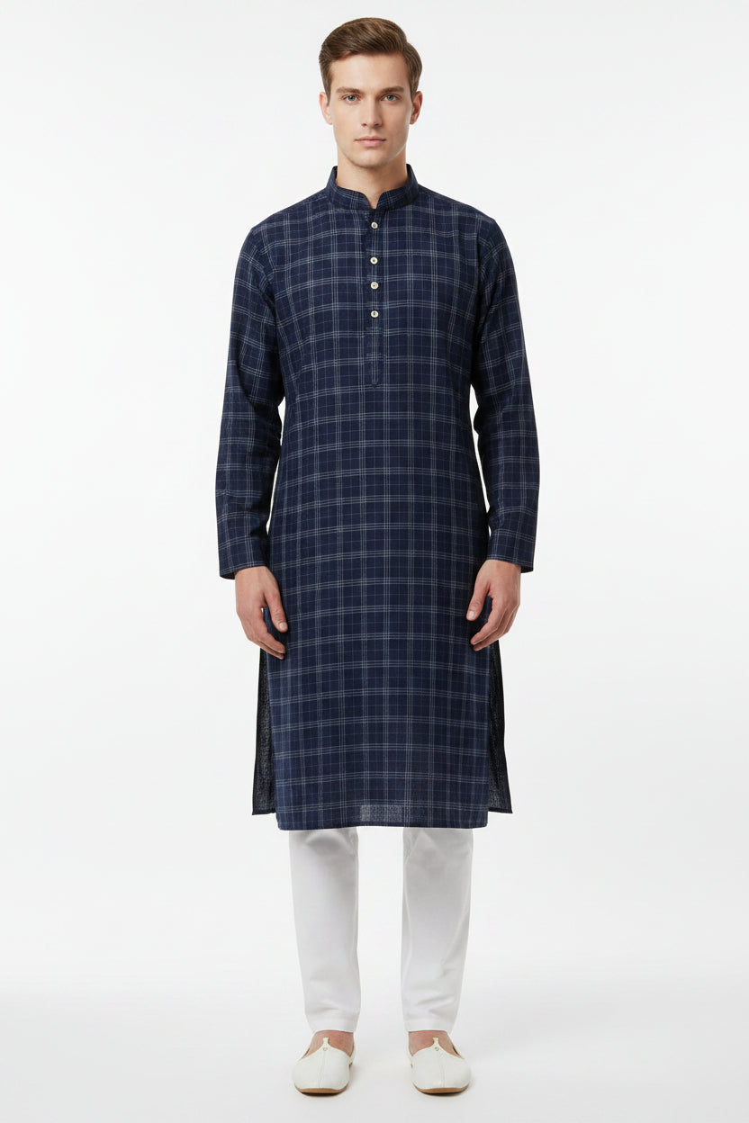 Navy blue Tresca cotton checks shirting fabric by Arvind, unstitched textile with classic pattern and soft texture.