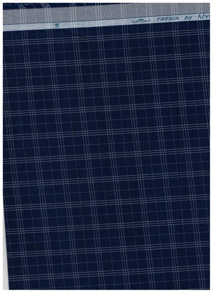 Navy blue Tresca cotton checks shirting fabric by Arvind, unstitched luxury textile with a classic check pattern.