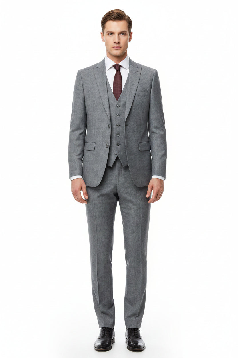 Grey Mafatlal unstitched poly viscose trouser and suiting fabric, soft and lightweight textile for tailored suits.