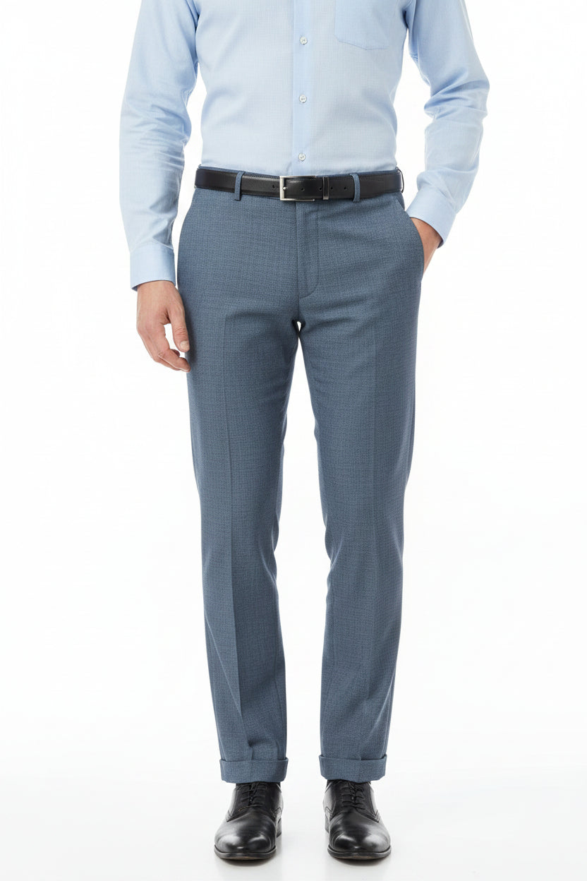 Raymond unstitched poly viscose trouser fabric in gravel blue grey, ideal for stylish custom trousers, shown in close-up.
