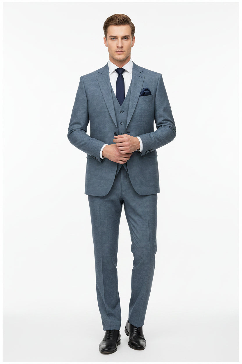 Raymond unstitched poly viscose trouser fabric in gravel blue and grey, showcasing the textured textile material.