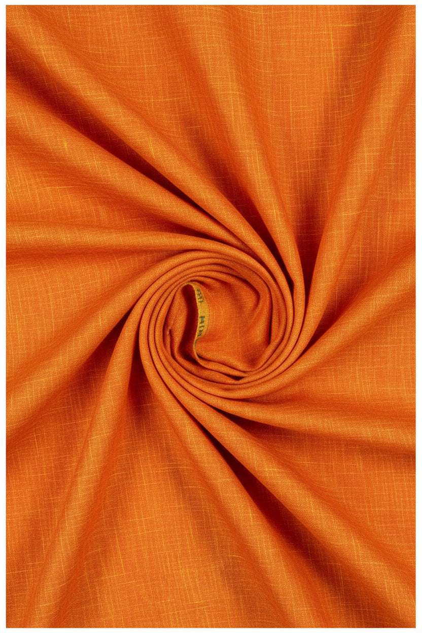 Raymond ARVIND linen plain unstitched shirting fabric in orange, showing the soft, woven textile texture and vibrant color.