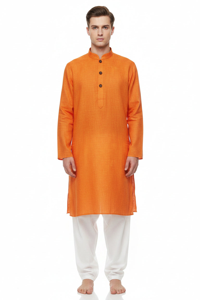 Orange Raymond linen plain unstitched shirting fabric by ARVIND, showing the smooth, lightweight woven textile with natural linen texture.