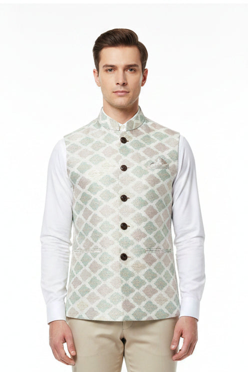 Beige Raymond unstitched poly viscose jacquard sherwani and Modi jacket fabric with intricate pattern details, suitable for traditional wear.