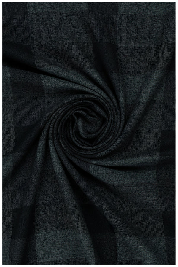 Charcoal grey Raymond Poly wool suiting fabric with check pattern, suitable for tailored suits and formal wear.