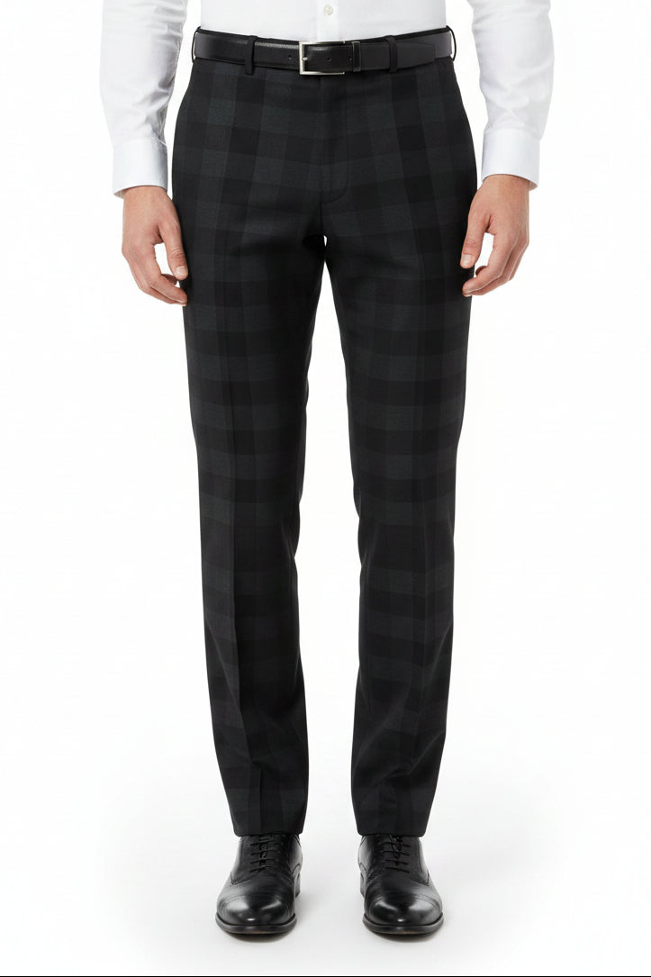 Raymond charcoal grey unstitched poly wool trouser and suiting fabric, ideal for custom suits or trousers, shown in close-up.