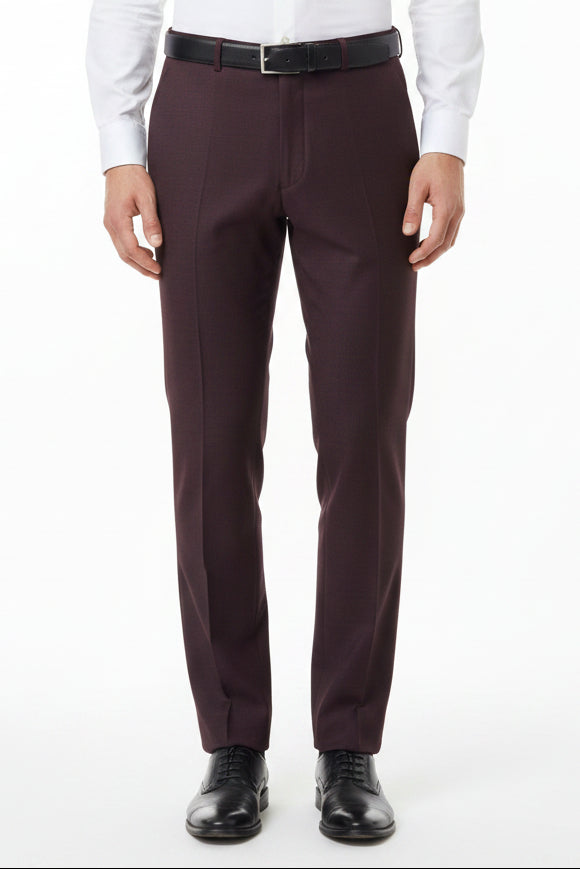 Raymond luxurious unstitched super 120's polywool trousers fabric in wine color, displayed in a close-up view