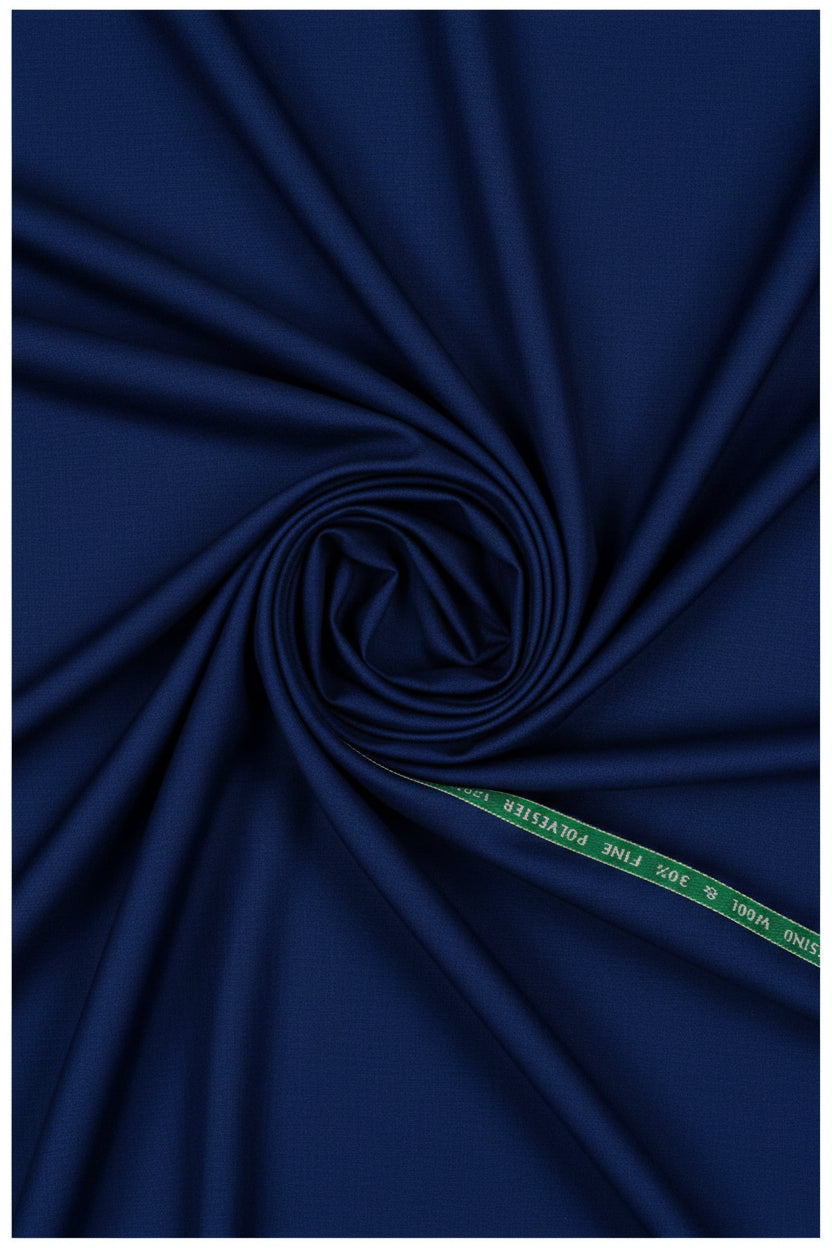 Royal blue Raymond polywool fabric for unstitched trousers and suitings, showing a close-up of the textured textile.