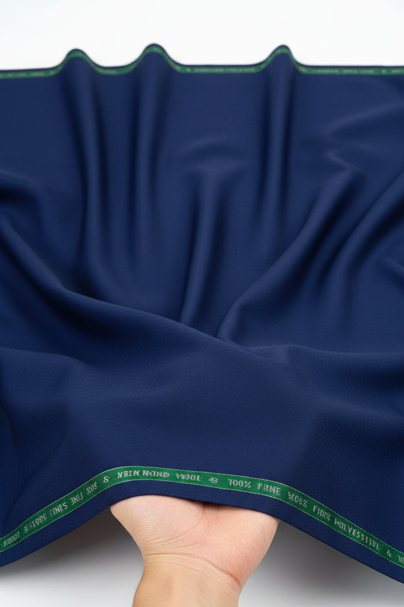 Royal blue Raymond Luxurious Unstitched Polywool trousers and suiting fabric, showing the fabric's texture and color details.