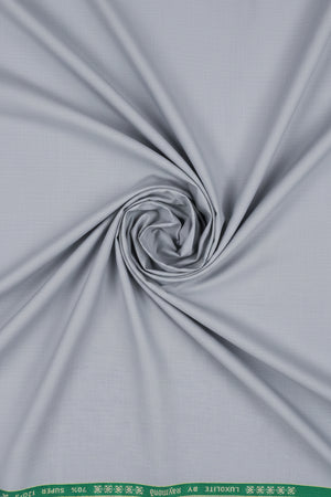 Silver grey Raymond Luxurious polywool fabric for trousers and suiting, showing a close-up of the textured textile.