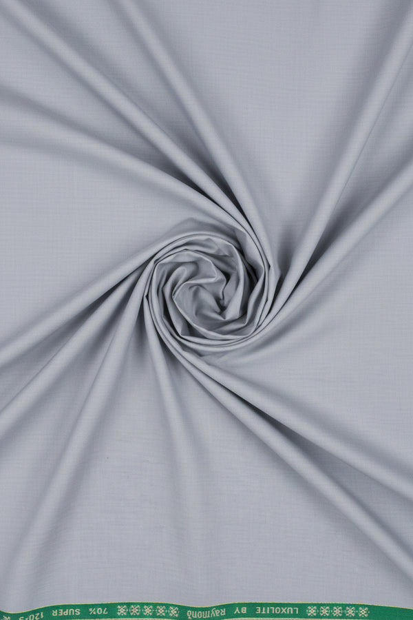 Silver grey Raymond Luxurious polywool fabric for trousers and suiting, showing a close-up of the textured textile.