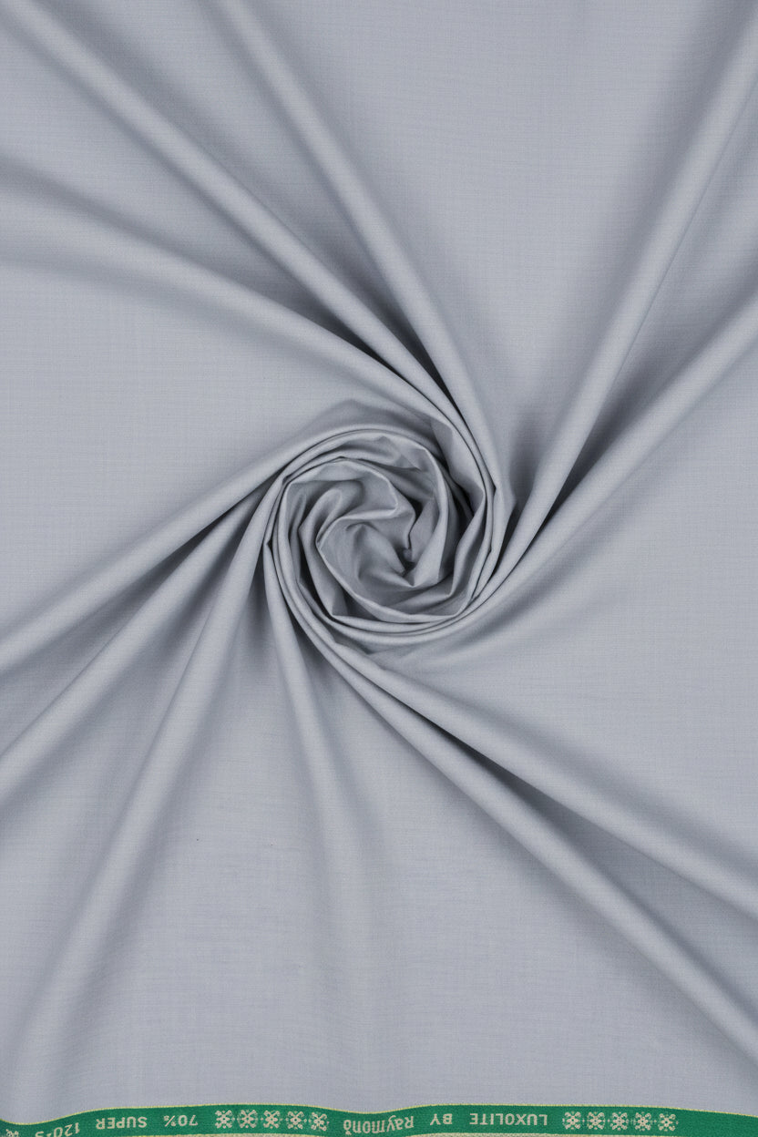 Silver grey Raymond Luxurious polywool fabric for trousers and suiting, showing a close-up of the textured textile.