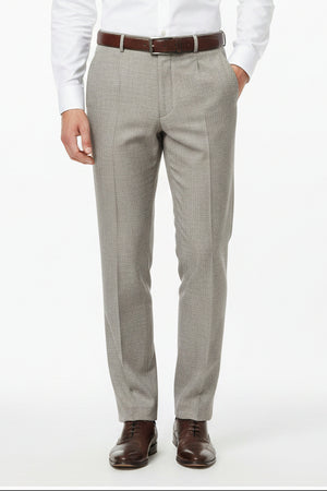 Beige Raymond polyester wool unstitched trousers and suiting fabric, textured fabric with detailed weave for tailored suit creation.