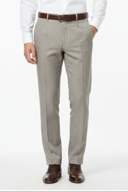 Beige Raymond polyester wool unstitched trousers and suiting fabric, textured fabric with detailed weave for tailored suit creation.