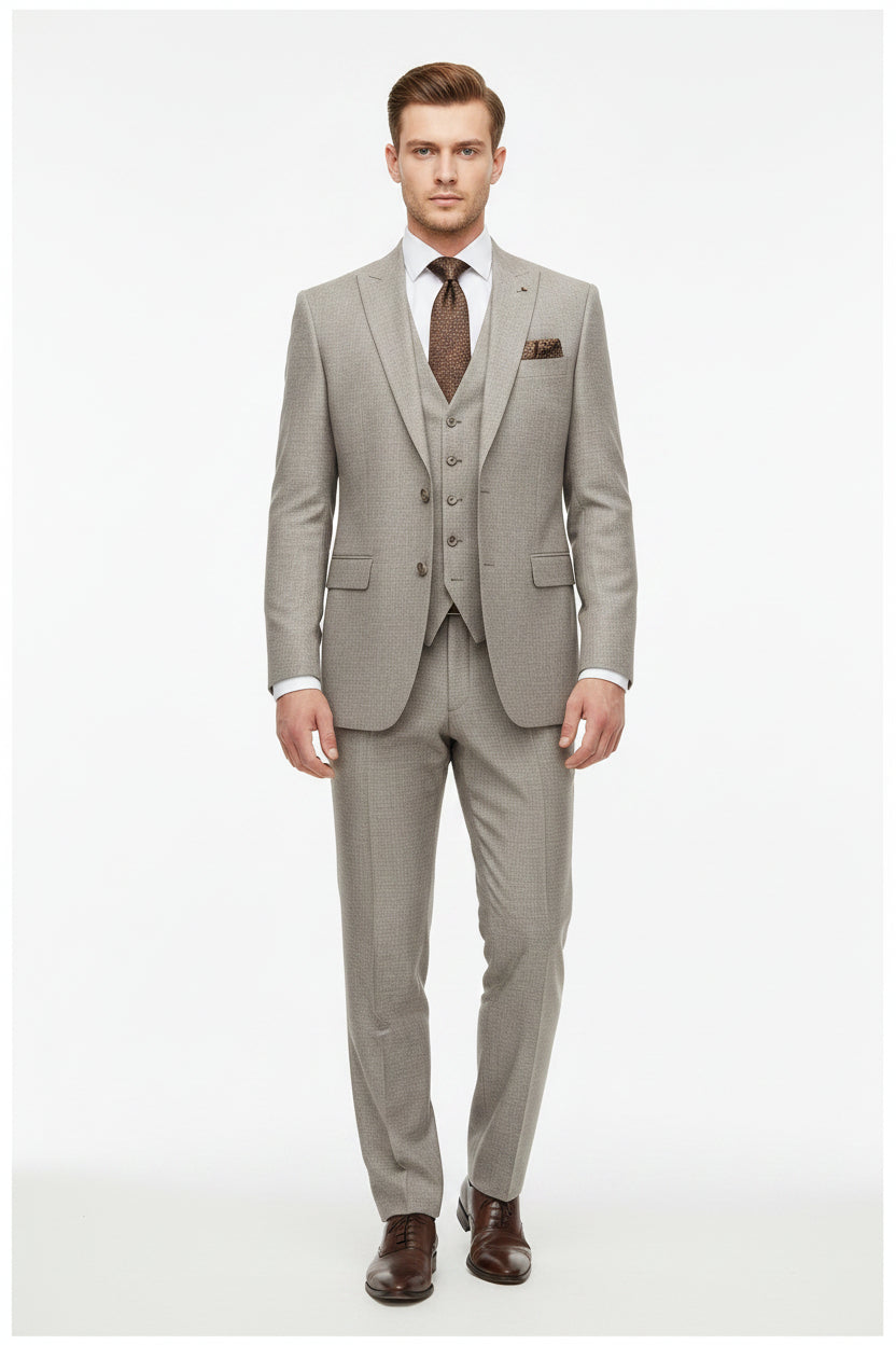 Beige Raymond luxury unstitched poly wool trousers and suiting fabric, displayed flat with fabric texture visible.