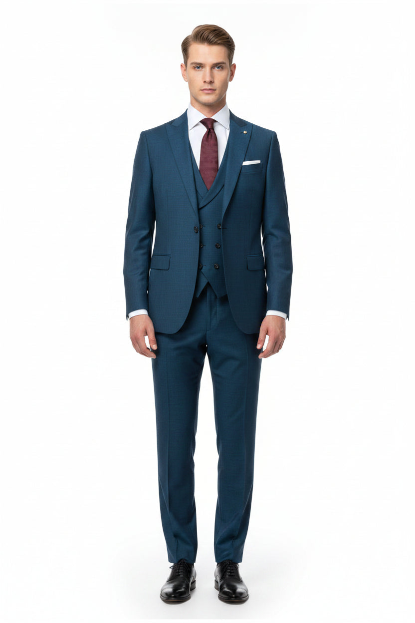 Royal blue Vitto Rossi 160's Italian poly wool trouser and suiting fabric by Mensfabric, shown in close-up.