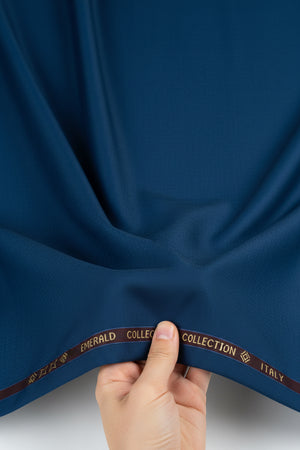 Royal blue Vitto Rossi 160's Italian poly wool suit fabric, close-up of textured men's trouser and suiting material