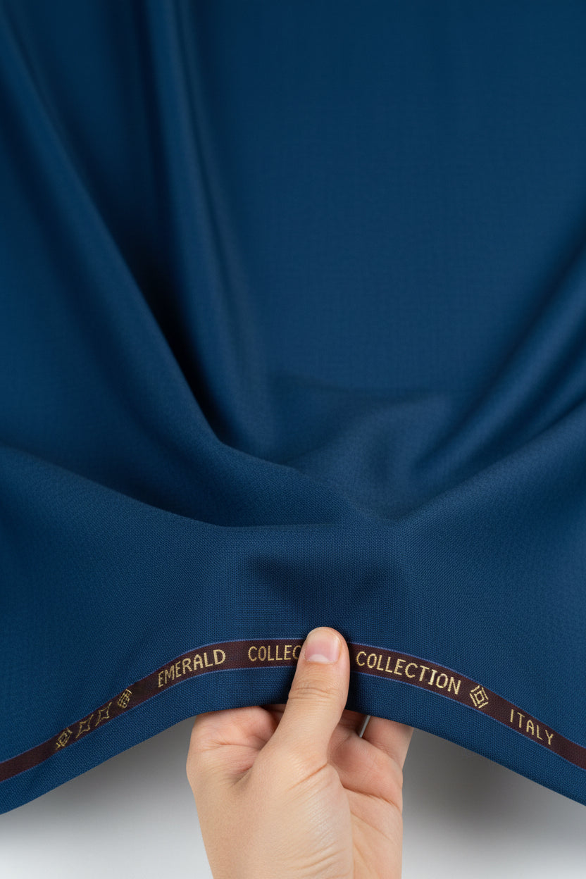 Royal blue Vitto Rossi 160's Italian poly wool suit fabric, close-up of textured men's trouser and suiting material