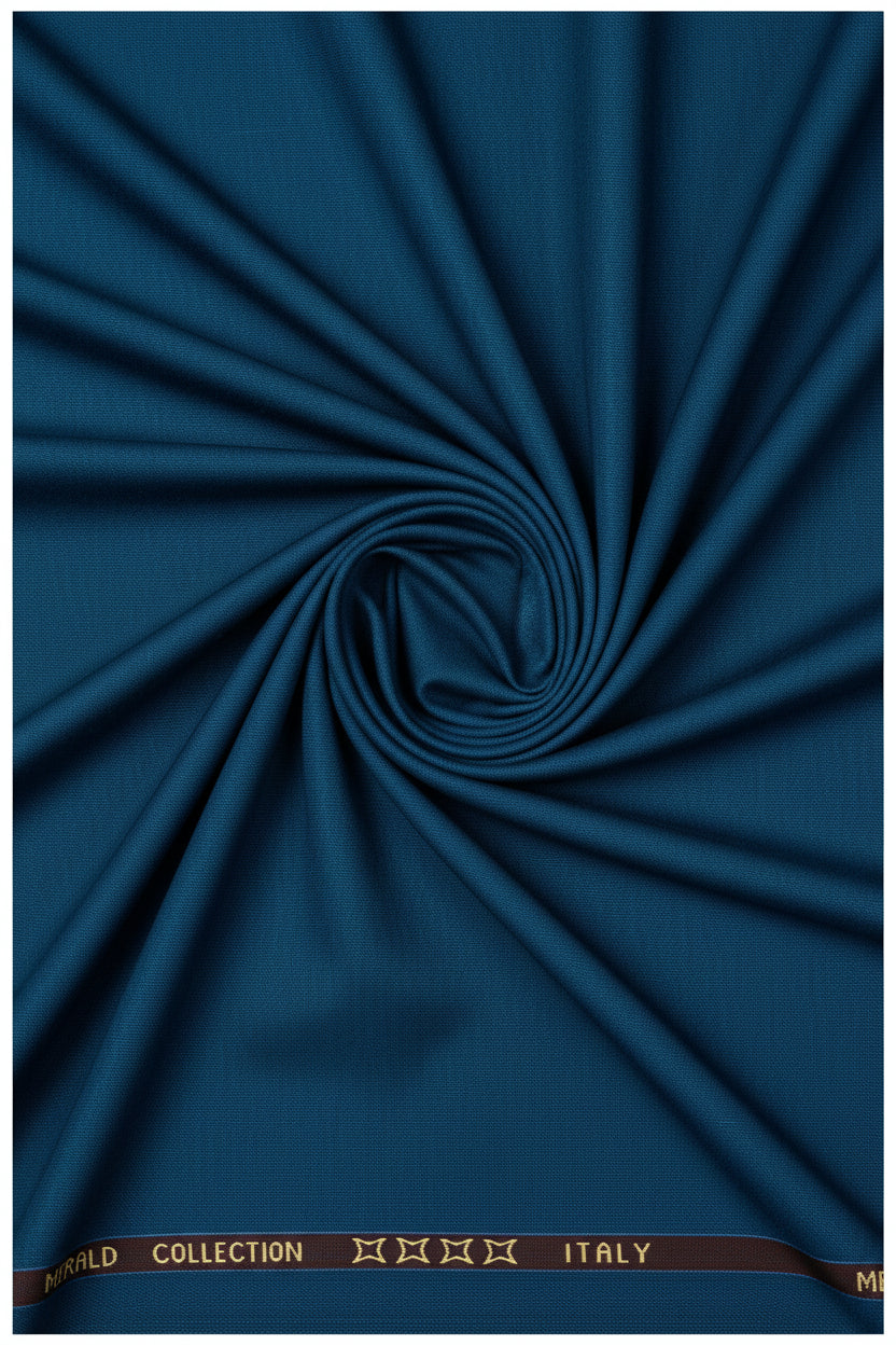 Royal blue Vitto Rossi 160's Italian poly wool trouser and suiting fabric, close-up of textured fabric with fine weave detail.
