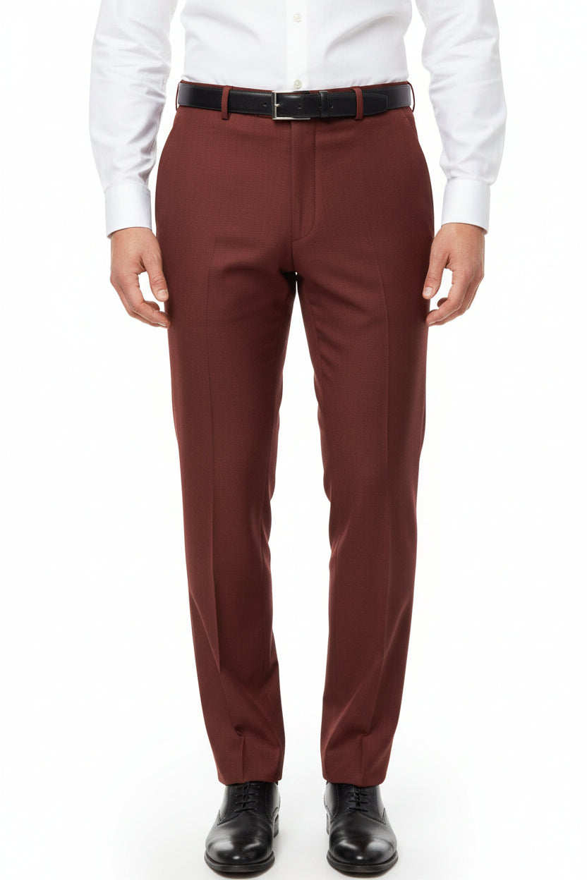 Rust red Roberto Cavali 140's poly wool trouser and suiting fabric shown in this image.
